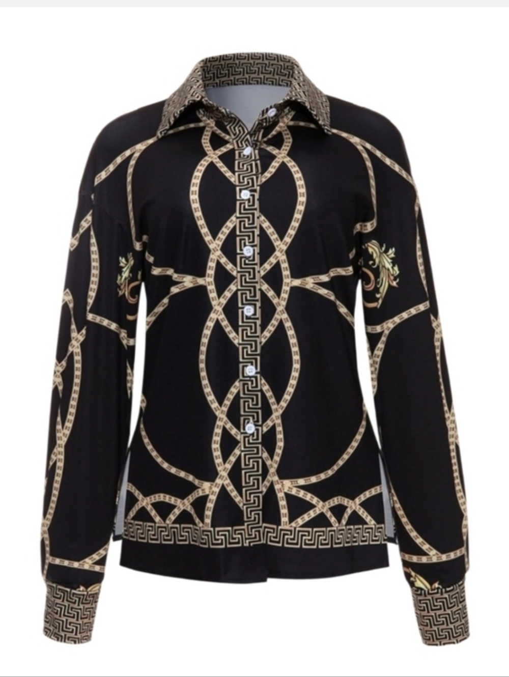 Women’s Black Button-Front Printed Long-Sleeve Top